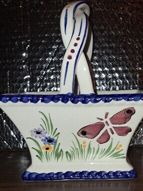 Hand-Painted White Ceramic Basket Planter with Pink Butterfly